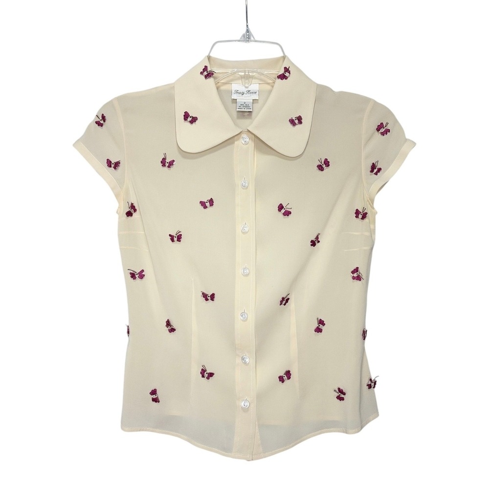 Tracy Reese Silk Butterfly Applique Blouse Cream Purple Size 2 Peter Pan Collar